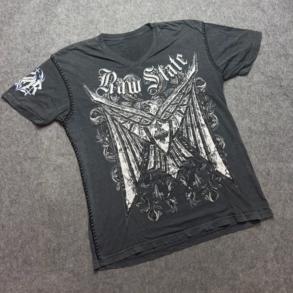 Raw State Shirt Mens XL Gray Live Free Wings Gothic V-Neck Graphic Logo Tee
